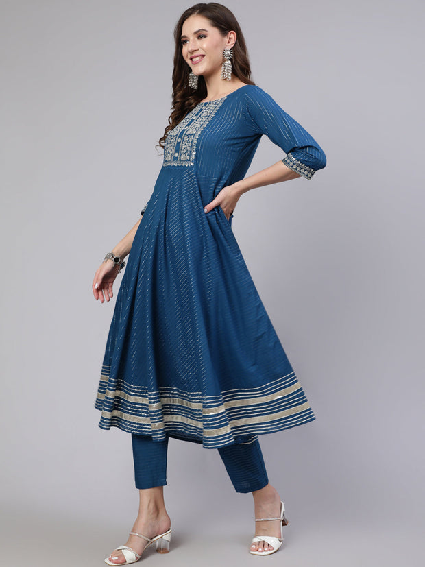 Women Teal Blue Embroidered Flared Kurta With Trouser And Dupatta