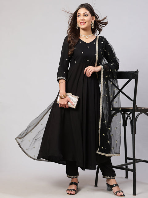 Women Black Embroidered Flared Kurta With Trouser And Net Dupatta