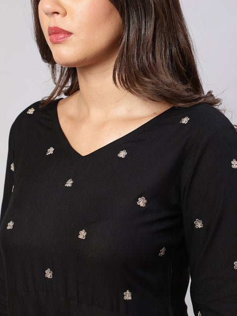 Women Black Embroidered Flared Kurta With Trouser And Net Dupatta