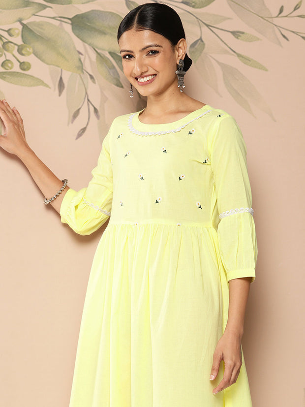 Wome Yellow Embroidered Flared Dress With Three Quarter sleeves