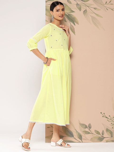 Wome Yellow Embroidered Flared Dress With Three Quarter sleeves