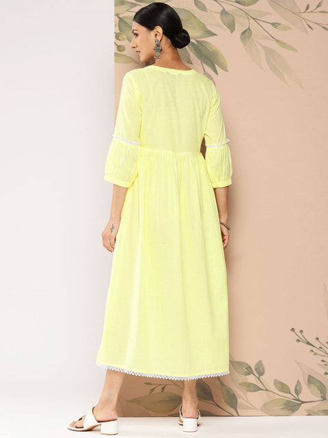 Wome Yellow Embroidered Flared Dress With Three Quarter sleeves