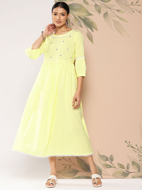 Wome Yellow Embroidered Flared Dress With Three Quarter sleeves