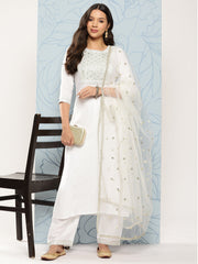 Women White Embroidered Straight Kurta With Palazzo And Net Dupatta