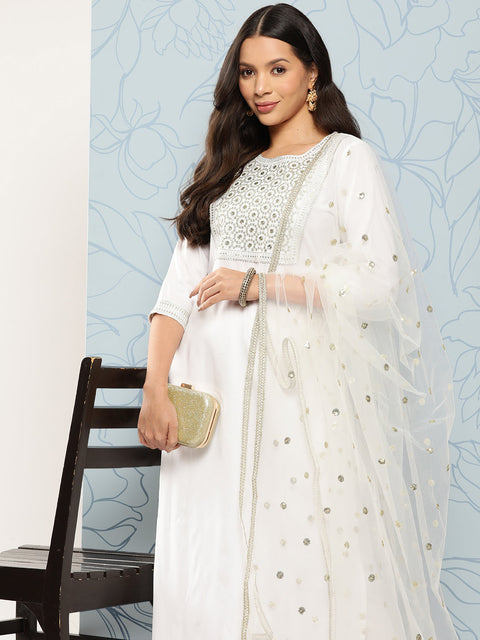 Women White Embroidered Straight Kurta With Palazzo And Net Dupatta