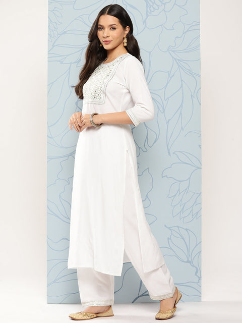 Women White Embroidered Straight Kurta With Palazzo And Net Dupatta