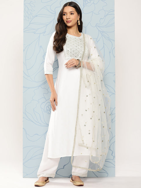 Women White Embroidered Straight Kurta With Palazzo And Net Dupatta