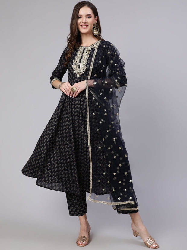 Women Navy Blue Embroidered Flared Kurta With Trouser And Dupatta
