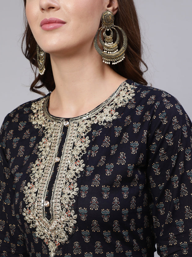 Women Navy Blue Embroidered Flared Kurta With Trouser And Dupatta
