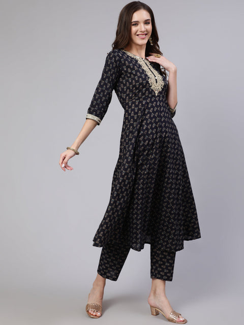 Women Navy Blue Embroidered Flared Kurta With Trouser And Dupatta