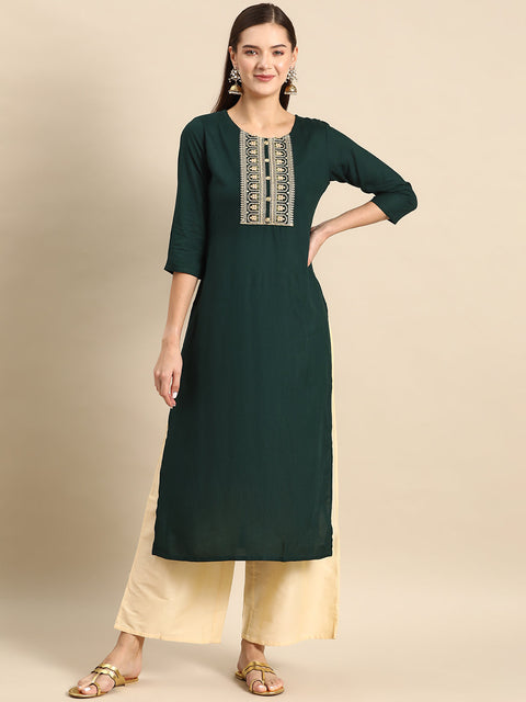 Women Green Embroidered Yoke Desgin Straight Kurta