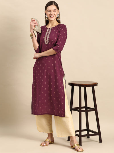 Women Burgundy Embroidered Yoke Desgin Straight Kurta