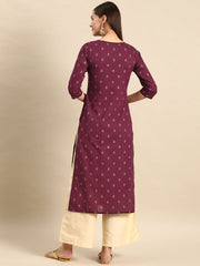 Women Burgundy Embroidered Yoke Desgin Straight Kurta