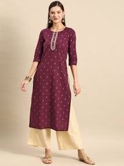 Women Burgundy Embroidered Yoke Desgin Straight Kurta