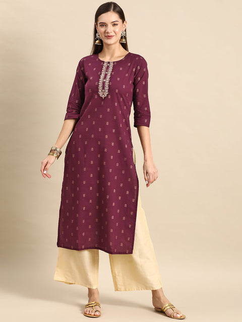 Women Burgundy Embroidered Yoke Desgin Straight Kurta