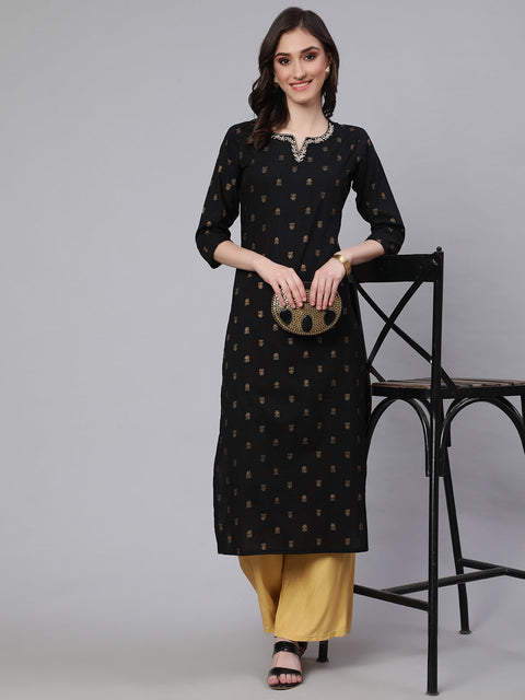 Women Black Embroidered Neckline Straight Kurta