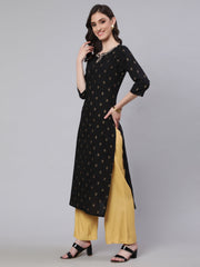 Women Black Embroidered Neckline Straight Kurta
