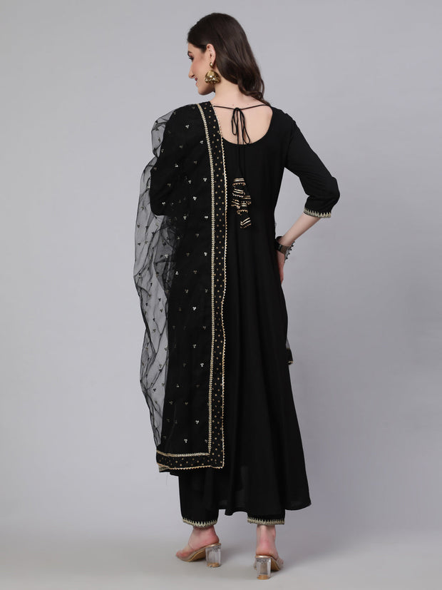 Women Black Embroidered Flared Kurta With Trouser And Net Dupatta