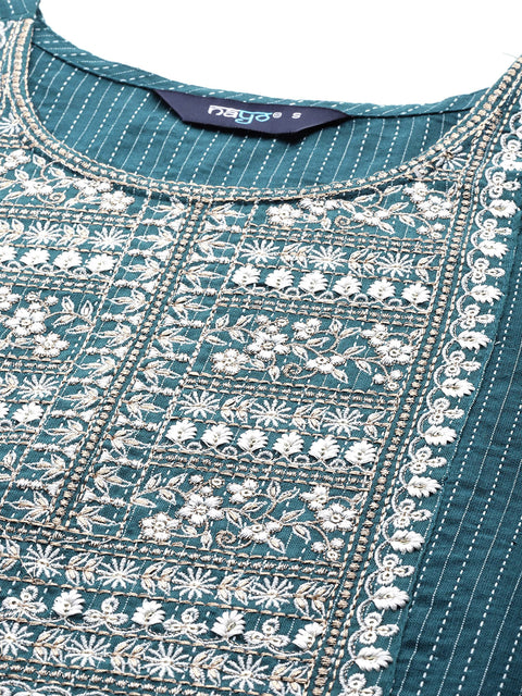 Women Teal Blue Embroidered Yoke Desgin Straight Kurta