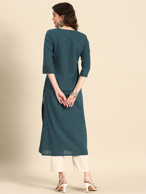 Women Teal Blue Embroidered Yoke Desgin Straight Kurta