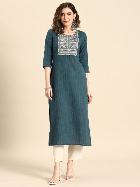 Women Teal Blue Embroidered Yoke Desgin Straight Kurta