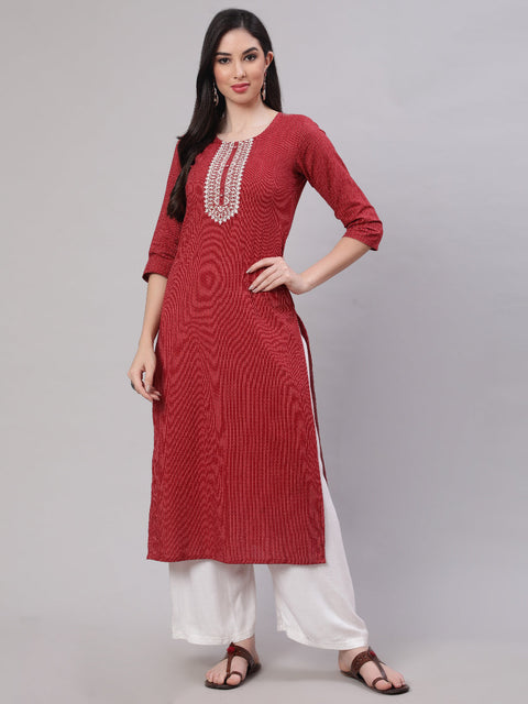 Women Maroon Embroidered Yoke Desgin Straight Kurta