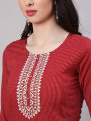 Women Maroon Embroidered Yoke Desgin Straight Kurta