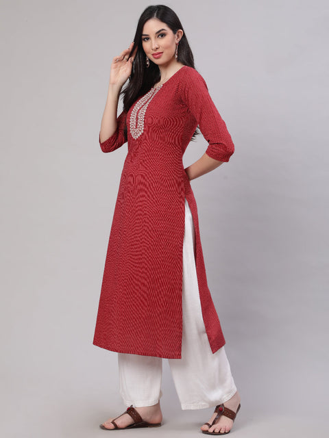 Women Maroon Embroidered Yoke Desgin Straight Kurta