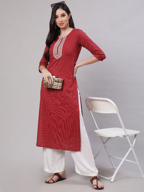 Women Maroon Embroidered Yoke Desgin Straight Kurta