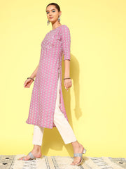 Women Purple Ethnic Printed Straight Kurta With Three Quarter Sleeves