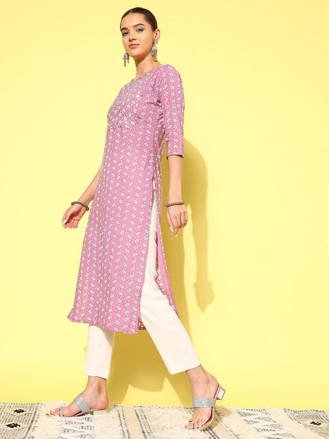 Women Purple Ethnic Printed Straight Kurta With Three Quarter Sleeves