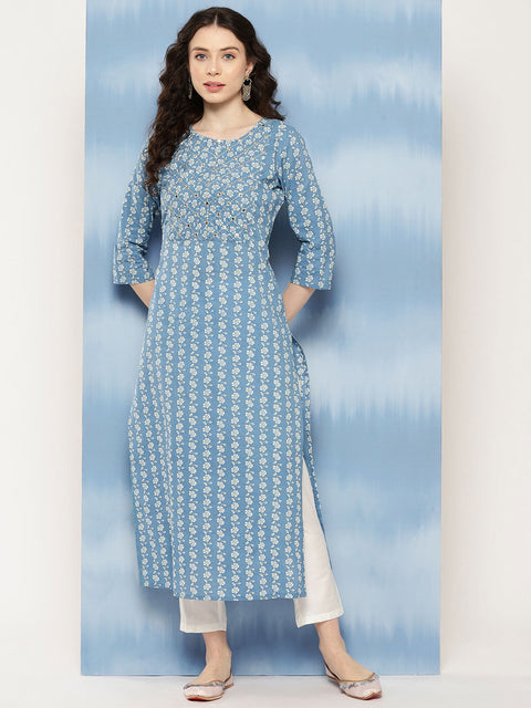 Women Blue Embroidered Yoke Desgin Straight Kurta