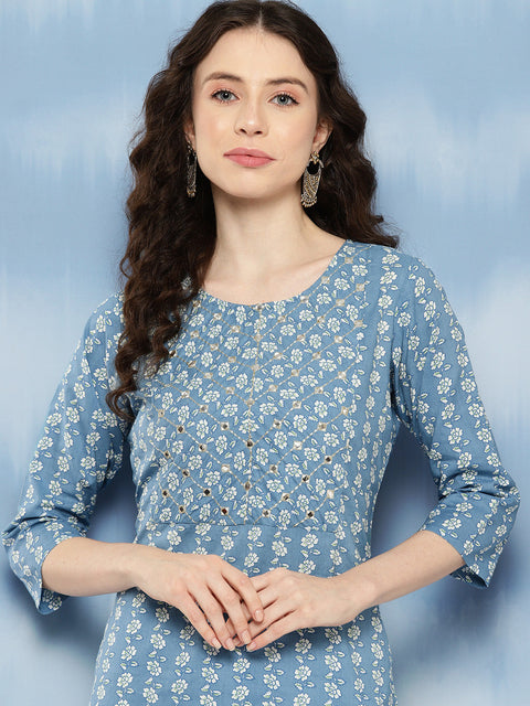 Women Blue Embroidered Yoke Desgin Straight Kurta