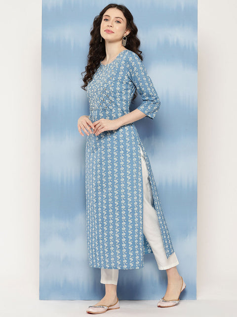 Women Blue Embroidered Yoke Desgin Straight Kurta