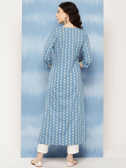 Women Blue Embroidered Yoke Desgin Straight Kurta