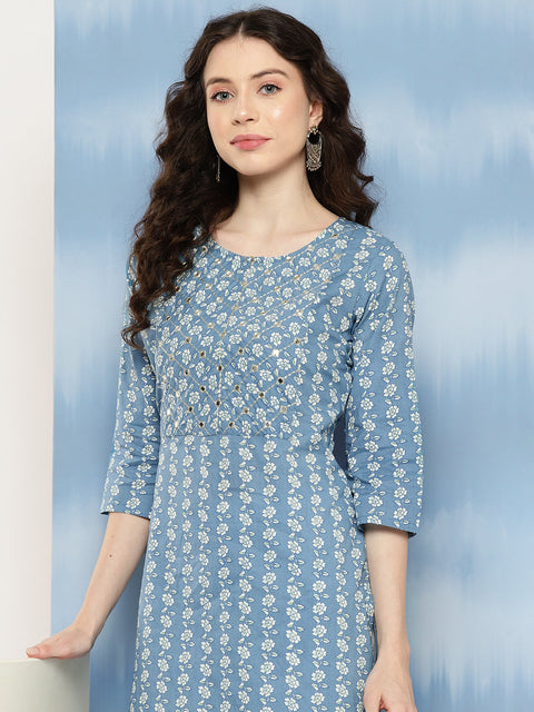 Women Blue Embroidered Yoke Desgin Straight Kurta