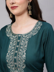 Women Green Embroidered Straight Kurta With Trouser And Net Dupatta