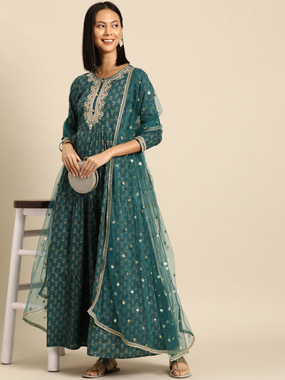 Wome Green Embroidered Flared Dress With Net Dupatta