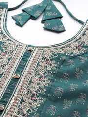 Wome Green Embroidered Flared Dress With Net Dupatta