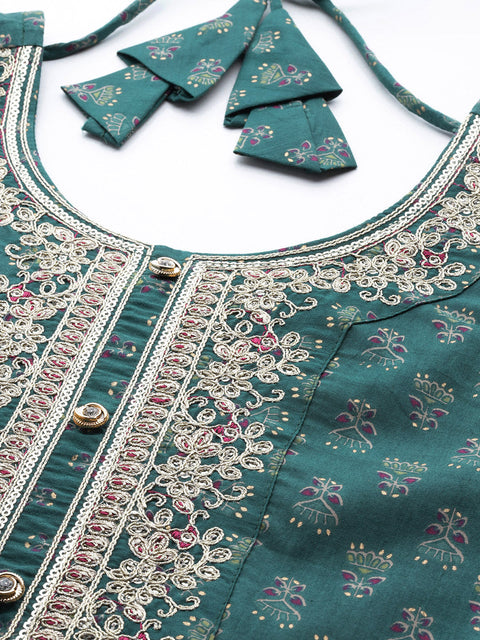 Wome Green Embroidered Flared Dress With Net Dupatta