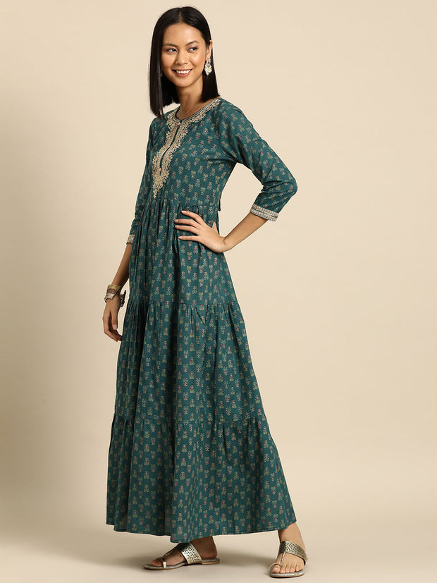 Wome Green Embroidered Flared Dress With Net Dupatta