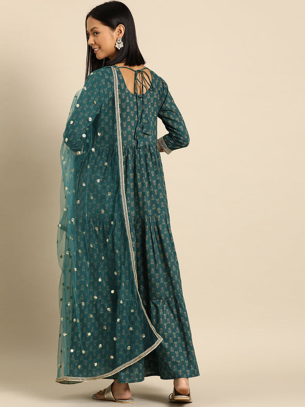 Wome Green Embroidered Flared Dress With Net Dupatta