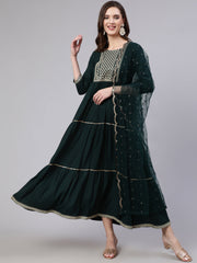 Wome Green Embroidered Flared Dress With Net Dupatta