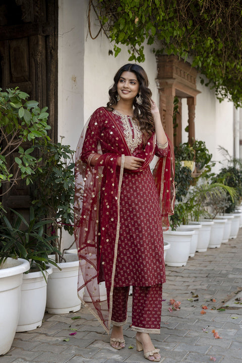 Women Burgundy Embroidered Straight Kurta With Trouser And Net Dupatta