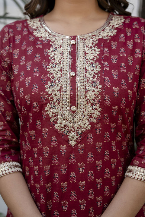 Women Burgundy Embroidered Straight Kurta With Trouser And Net Dupatta