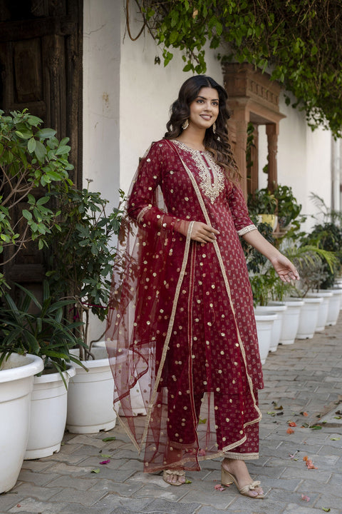 Women Burgundy Embroidered Straight Kurta With Trouser And Net Dupatta