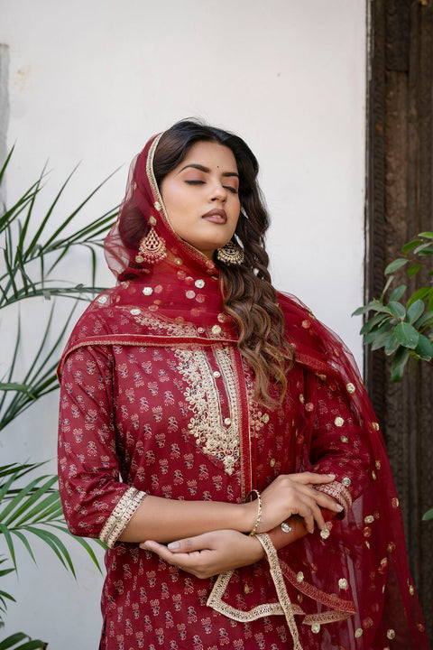 Women Burgundy Embroidered Straight Kurta With Trouser And Net Dupatta