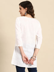 Women Off-White Embroidered Straight Tunic With Three Quaretr Sleeves