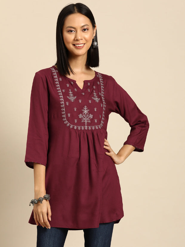 Women Maroon Embroidered Yoke Straight Tunic With Three Quarter Sleeves