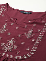 Women Maroon Embroidered Yoke Straight Tunic With Three Quarter Sleeves